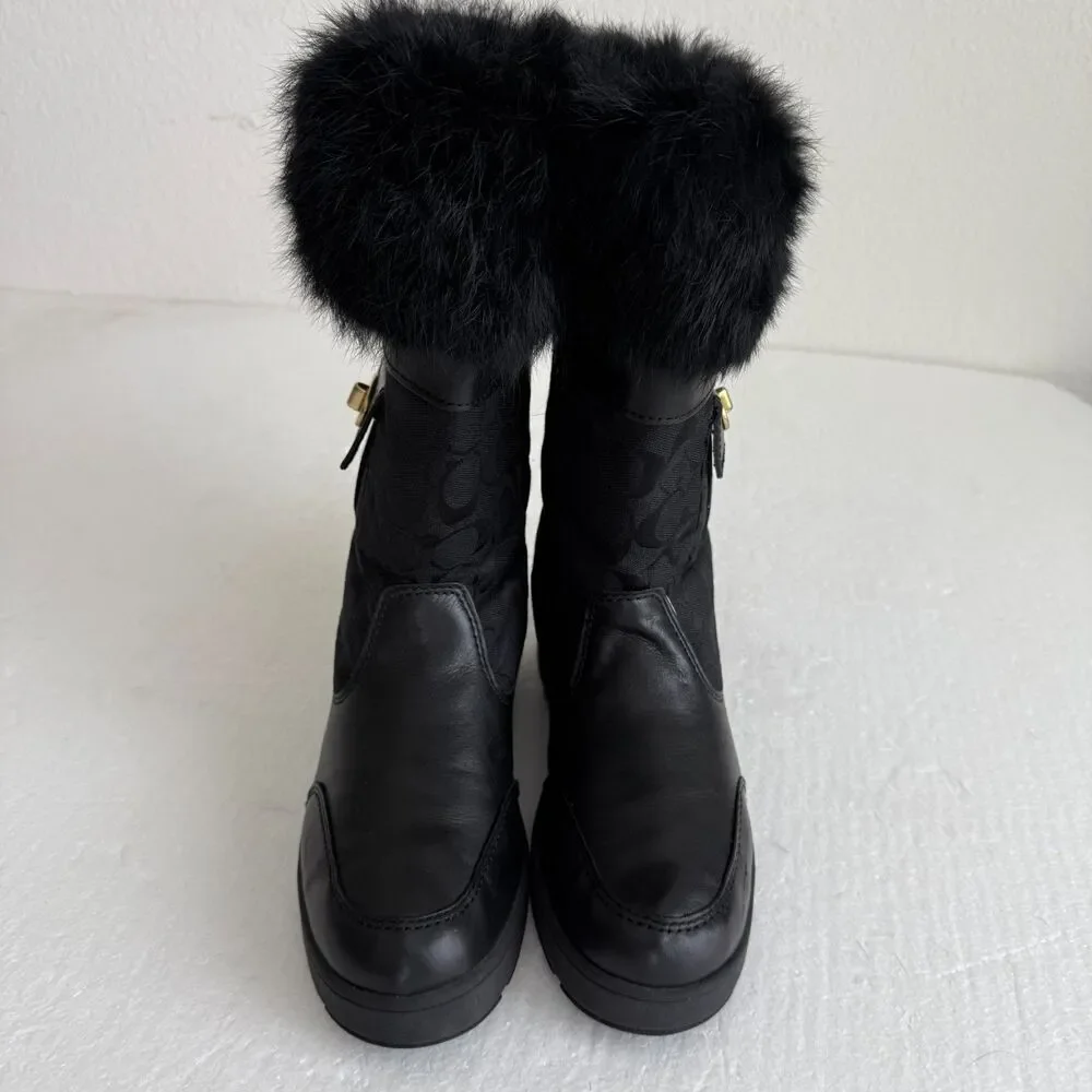 Coach Kimberly Fur Boots Women's 9M Black Leather Fabric Logo Pocket Side Zipper - Picture 3 of 16